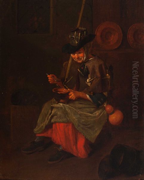 Woman eating soup in an interior - view 1