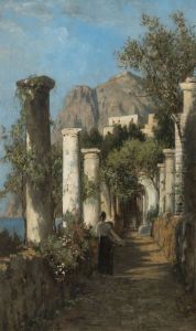 Woman on a path lined with ancient columns Woman on a path lined with ancient columns