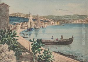 Coastal landscape with a small port town by Luise Begas-Parmentier