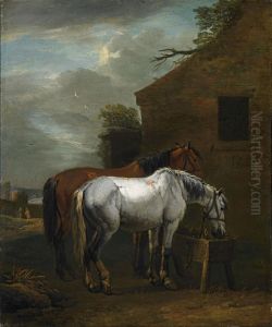 Two horses with saddles at a watering place by Pieter van Bloemen