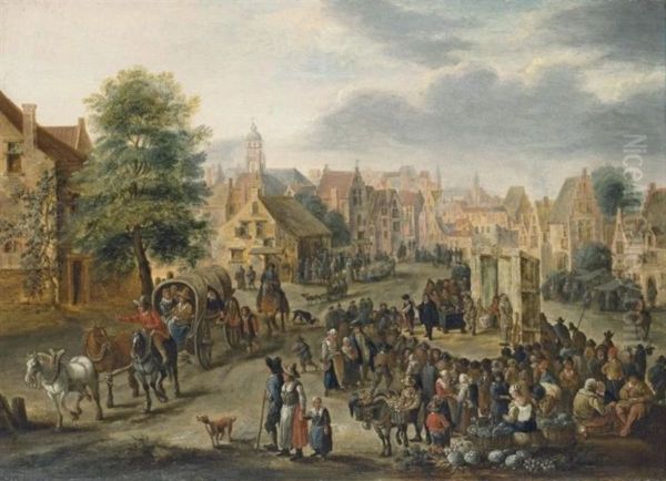 Village market with a wagon, women with baskets of vegetables and a crowd gathered around a commedia dell'arte stage, with the coat-of-arms of the Holy Roman Empire - view 1