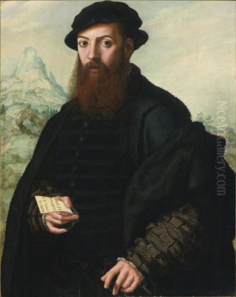 Portrait of a bearded man, aged 34, before an extensive landscape by Jan Sanders Van Hemessen