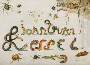 Garden and house spiders with grass snakes and caterpillars contorted and entwined to spell the artist's name