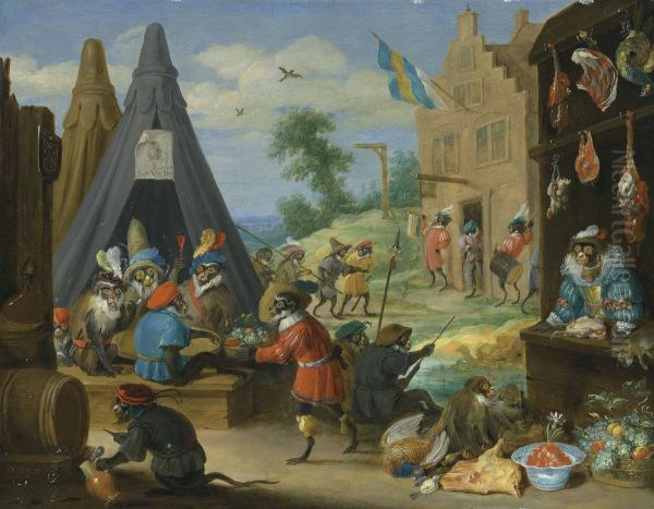 A festival of monkees (Monkeys dressed as soldiers in an encampment near a town) - view 1