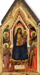 Madonna and Child enthroned flanked by saints John the baptist, Peter, Paul and Zenobius (?)  and two angels, below them two donors by Taddeo Gaddi