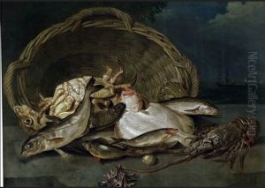 Wonders of the Deep, Still life of fish spilling out of an upturned basket onto a ledge by Arnoldus van Haecken