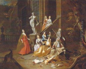Portrait group of an elegant hunting party, resting before a house