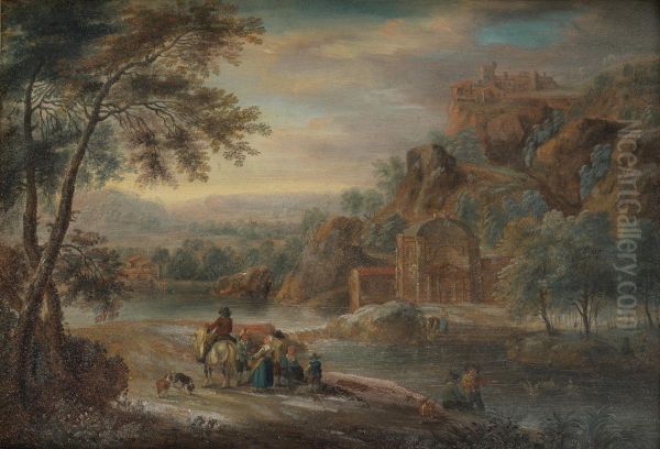 Mountainous river landscape with figures on a path - view 1