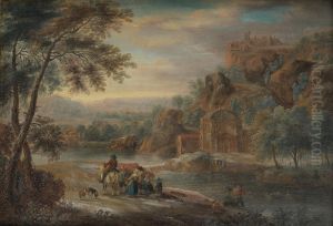Mountainous river landscape with figures on a path by Andreas Martin