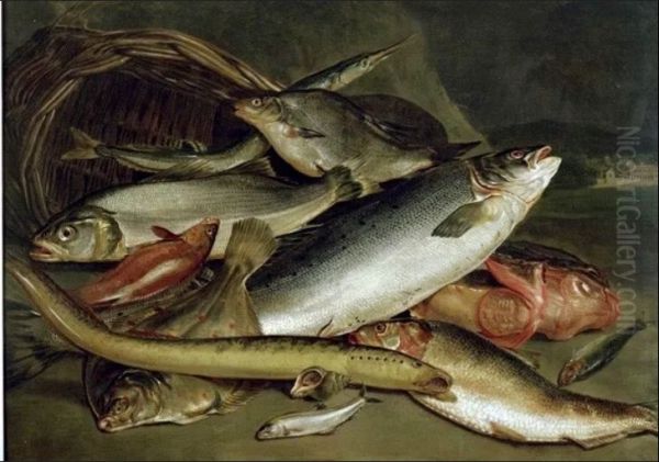 Still life of pile of fish lying on rocks, upturned basket behind - view 1