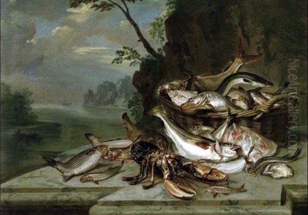 Still life of fish, in a basket and on marble ledge - view 1