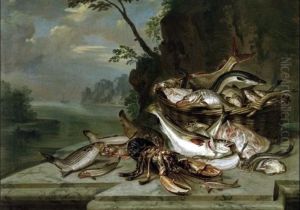 Still life of fish, in a basket and on marble ledge by Arnoldus van Haecken