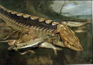 Still life of fish on rocks with large sturgeon in centre; trees behind and ships on sea by Arnoldus van Haecken