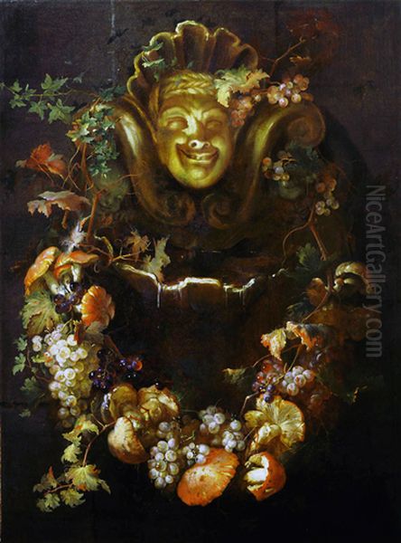 Still life with fountain and garland of flowers and fruit - view 1