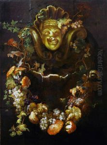Still life with fountain and garland of flowers and fruit by Nicola van Houbraken
