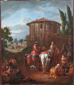 Roman landscape with figures and animals in front of the Temple Vesta by Pieter van Bloemen