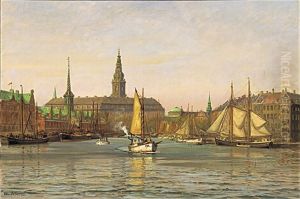 Parti fra Kobenhavn med udsigt mod Borsen og Christiansborg. by Vilhelm Arnesen