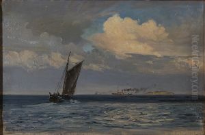 Ships off an island with a lighthouse. by Vilhelm Arnesen
