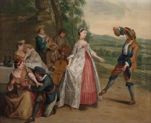 Gallant company with dancing couple and couples in love by Peter Jacob Horemans
