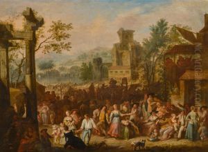 Market scene with peasants dancing by Joseph van Aken