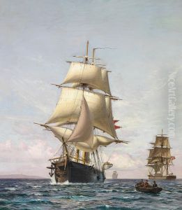 Three fully rigged ships and a dinghy off a coast.