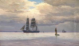 Sailing ships at sea on a grey day. by Vilhelm Arnesen