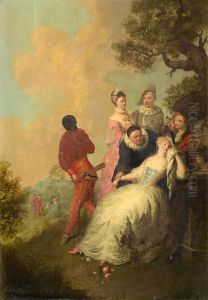 Commedia dell'arte scene in a landscape by Gerard Joseph Xavery