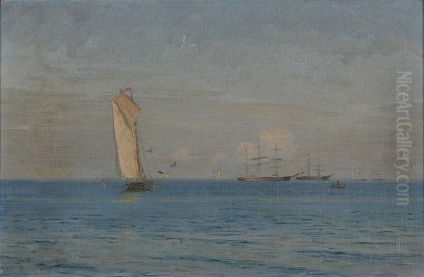 Marine med sejlskibe pa havet. 28 x 43 cm. - view 1