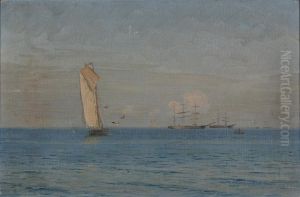 Marine med sejlskibe pa havet. 28 x 43 cm. by Vilhelm Arnesen