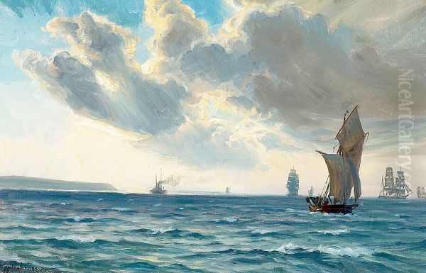 Sailing ships and a steamship at sea. - view 1