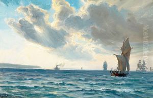 Marine med sejlskibe og damper. by Vilhelm Arnesen
