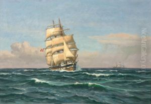 Sailing ships at sea. 70 x 100 cm. by Vilhelm Arnesen