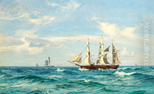 Marine med sejlskibe. 65 x 106 cm. Marine med sejlskibe. 65 x 106 cm.