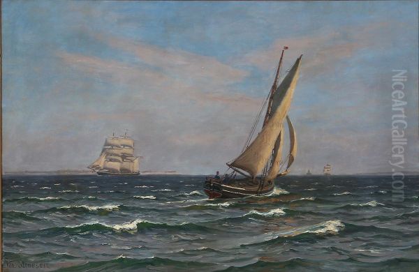 Marine med sejlskib og bade ud for Gilleleje. - view 1