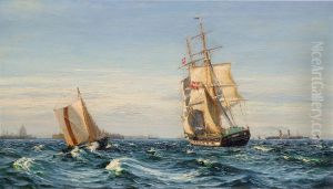A pilot boat, a sailing ship and a paddle steamer. by Vilhelm Arnesen