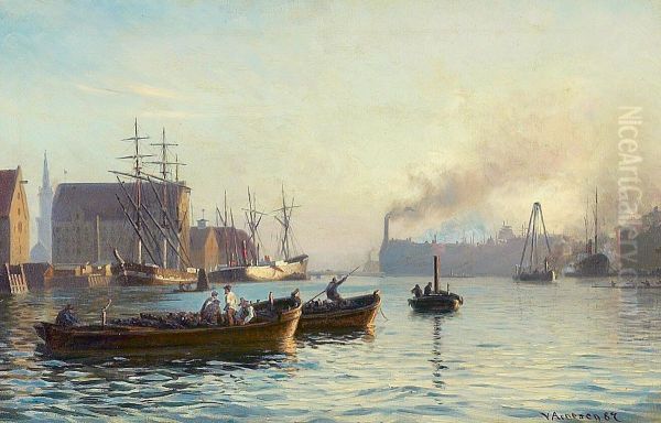 Aftenstemning fra Kobenhavns Havn med bade og talrige figurer. - view 1
