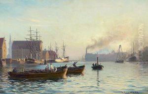 Aftenstemning fra Kobenhavns Havn med bade og talrige figurer.