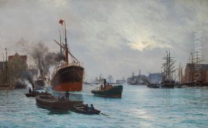 A steamship being towed in the port of Copenhagen. by Vilhelm Arnesen