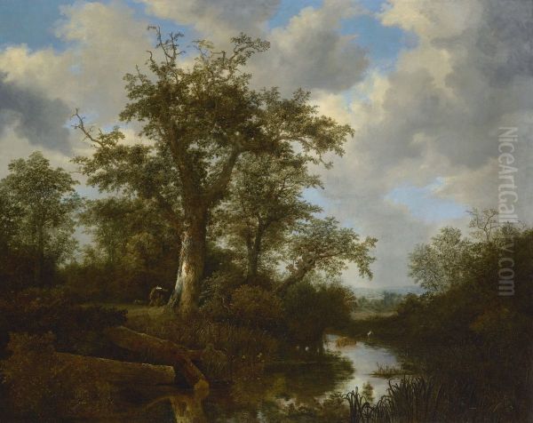 Wooded landscape with cattle crossing a stream - view 1
