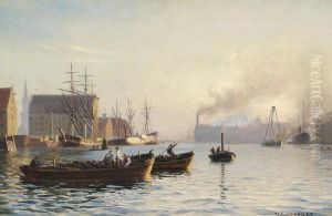 Parti fra Kobenhavns Havn med Christianshavn i baggrunden. by Vilhelm Arnesen