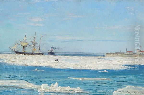 Ships off the coast in winter. - view 1