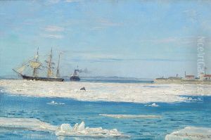 Ships off the coast in winter. Ships off the coast in winter.