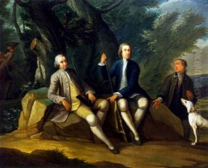 Hunting party; portrait of two gentlemen as hunters by Joseph van Aken