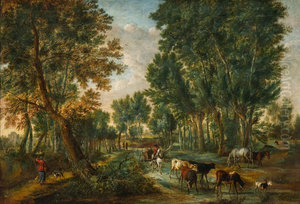 Wooded landscape with travelers and animals near a fording Wooded landscape with travelers and animals near a fording