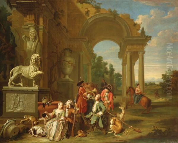 Hunting party in classical ruins - view 1