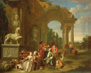 Hunting party in classical ruins by Peter Jacob Horemans