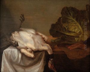 Still life with a turkey, a green cabbage and sausages on a tablecloth by Carel Hardy