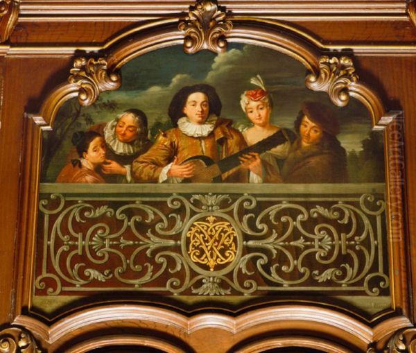 Elegant company with guitar player behind a balustrade - view 1