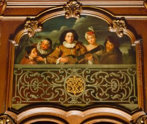 Elegant company with guitar player behind a balustrade Elegant company with guitar player behind a balustrade