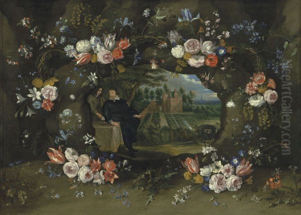 Portrait of Nicolaas de Man in the grounds of his country estate in the neighbourhood of Antwerp, surrounded by a garland of flowers - view 1
